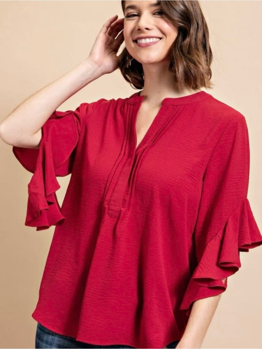 NWT GiGio Ruffled Sleeve Split-Neck Lightweight Blouse Size Large